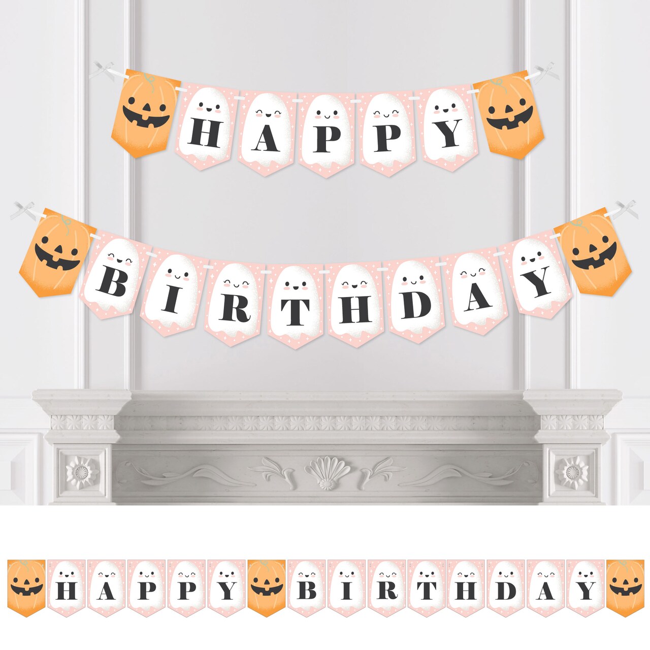 Big Dot of Happiness Pastel Halloween - Pink Pumpkin Birthday Party Bunting Banner - Party Decorations - Happy Birthday
